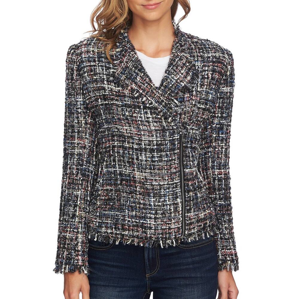 NWT CECE | Multi Colored Multi Tweed Fringey Ends Moto Jacket | Women's